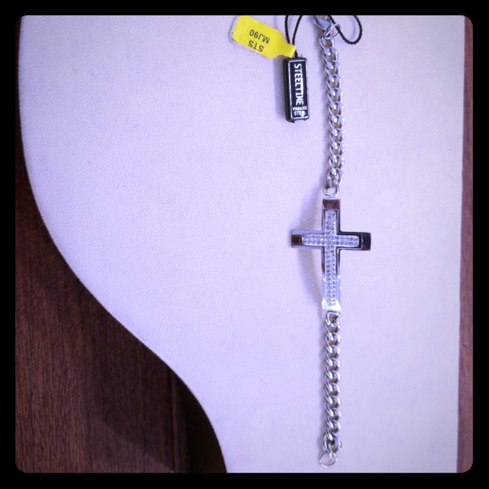 Men's Stainless Steel 8"  Cross CZ Bracelet